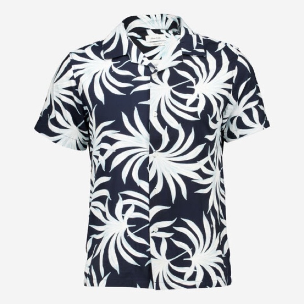 Porter & Ash Men's Navy Blue Floral Short-Sleeve Silky Button Down Shirt XL